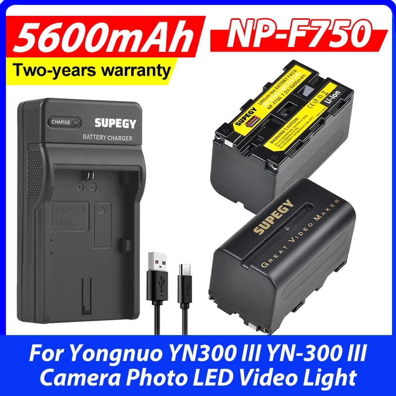 2 batterie agli ioni di litio NP-F750 NP-F770 da 5200 mAh + caricatore USB per luce video LED per fotocamera Yongnuo YN300 III YN-300 III
