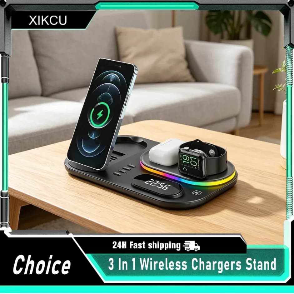 Wireless Charger Foldable Alarm Clock LED Light Dock For iPhone 17 16 15 Pro Max APPLE Watch 2-8 SE Airpods Pro Charging Station