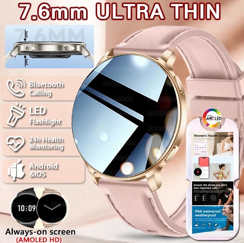 2026 New 7.6mm Ultra-Slim Smart Watch Women AMOLED HD Display LED Flashlight Always-On Time Display Fashion Ladies Smartwatches
