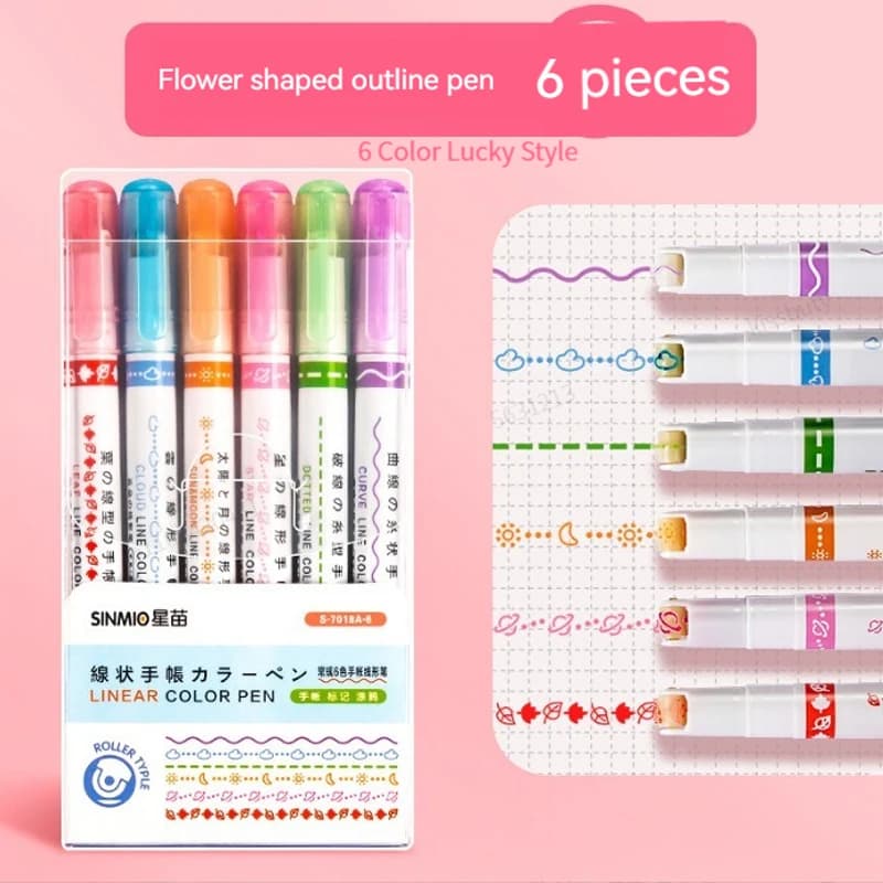 Set di 6 Evidenziatori a Forma di Linea con Punta a Rullo, Penne Curve per Graffiti, Cancelleria Kawaii Coreana per Scuola e Ufficio