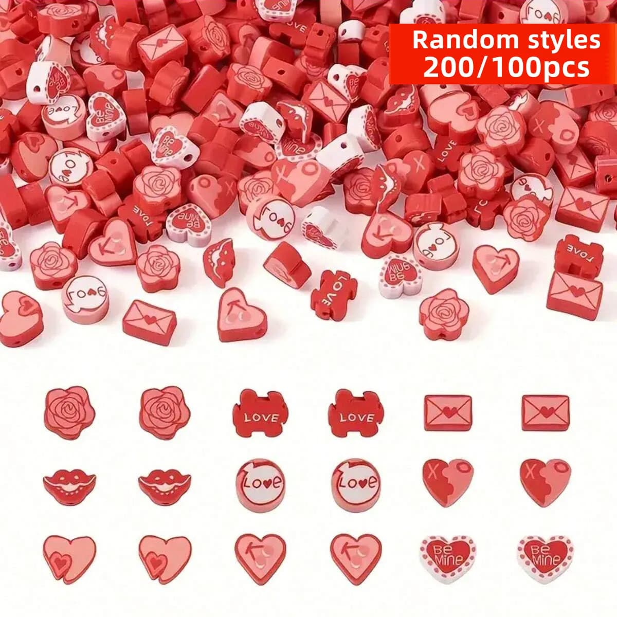 200/100 pezzi di perline in argilla polimerica a forma di cuore, rosse e miste, da 9-16 mm, stili assortiti, perline distanziatrici, per creazioni fai da te