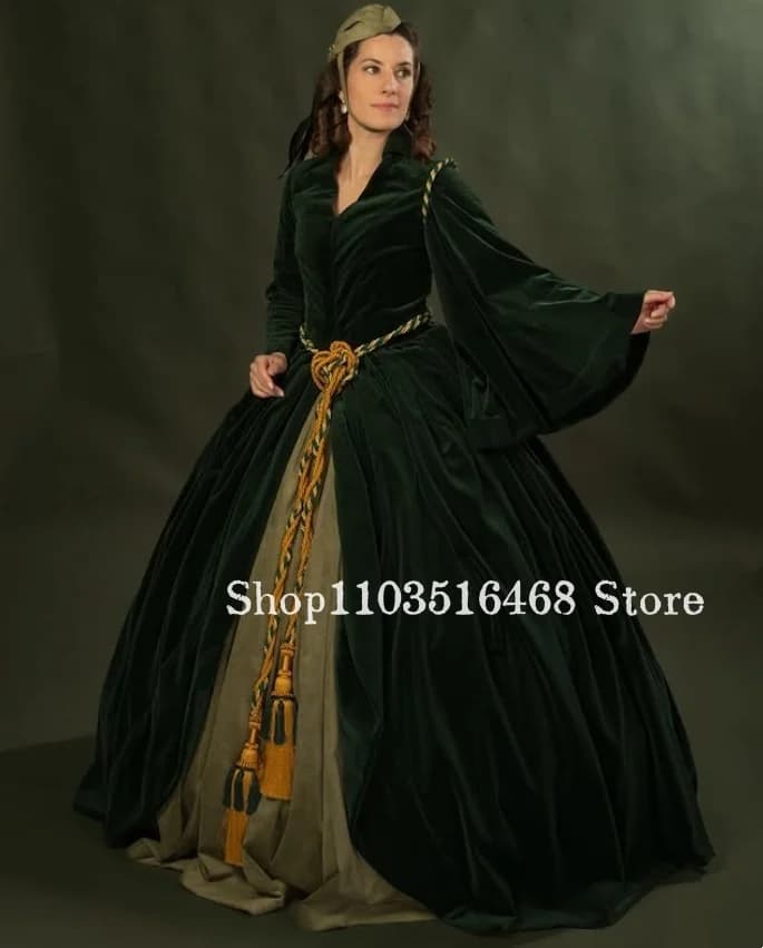 Customized “Gone with the Wind” Scarlett O'Hara Green Velvet Evening Gown Civil War-Era Aristocratic Ball Gown Musical Costume