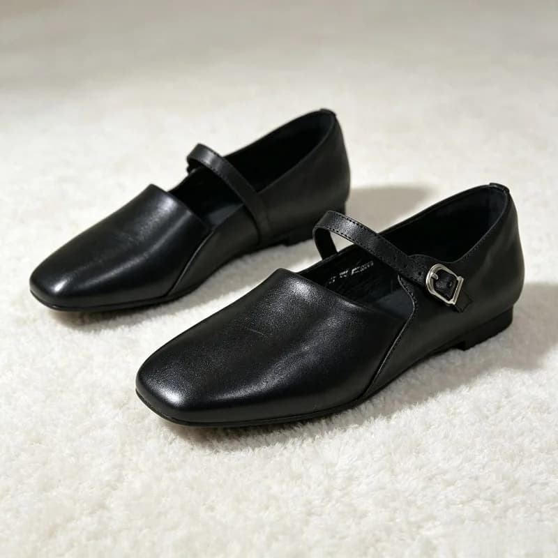 Comfortable Soft Leather PU Ballet Flats Women Fashion Round-Toe Belt Buckle Design Mary Jane Shoes Light Non-Slip Casual Shoes