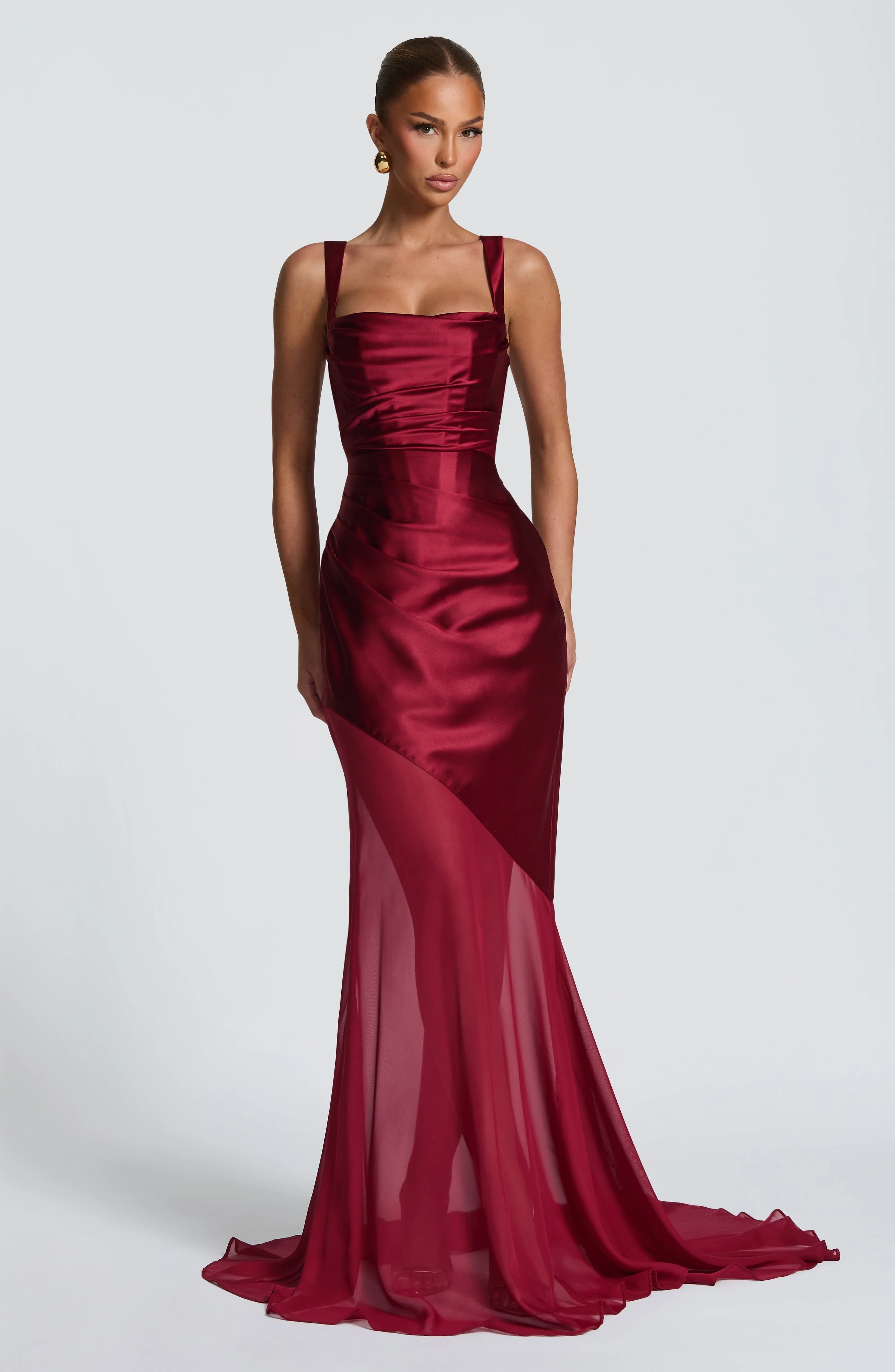 Luxury Satin Mermaid Evening Gown Women Square Neck Ruched Mesh Patchwork Train Maxi Dress for Wedding Guest Bridesmaid Party