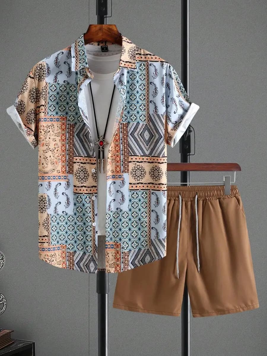 Genlund Men Patchwork Print Shirt & Drawstring Waist Shorts Without Tee, Holiday