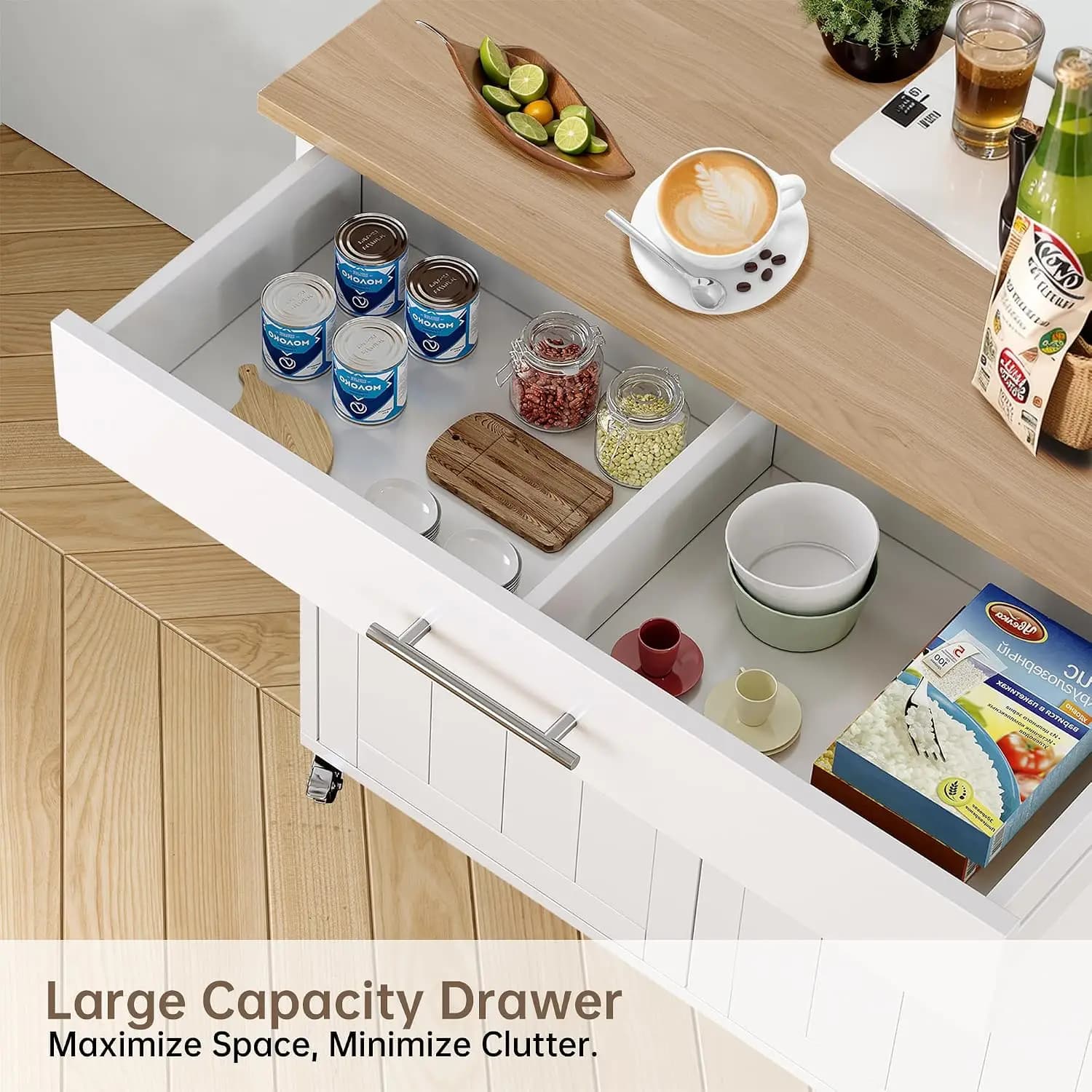 Wooden Rolling Kitchen Island Cart with Storage, Wood Top, Towel & Spice Rack & Drawers, Mobile Bar Cabinet, White, Customized