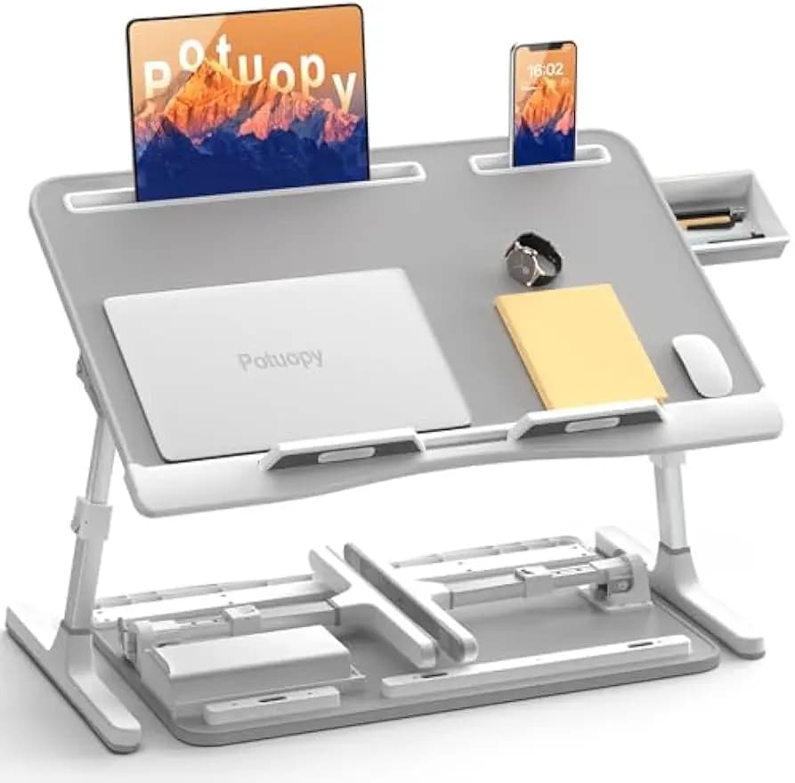 Supporto per laptop regolabile per letto, grande scrivania pieghevole con cassetto, grigio - Design ergonomico per il massimo comfort