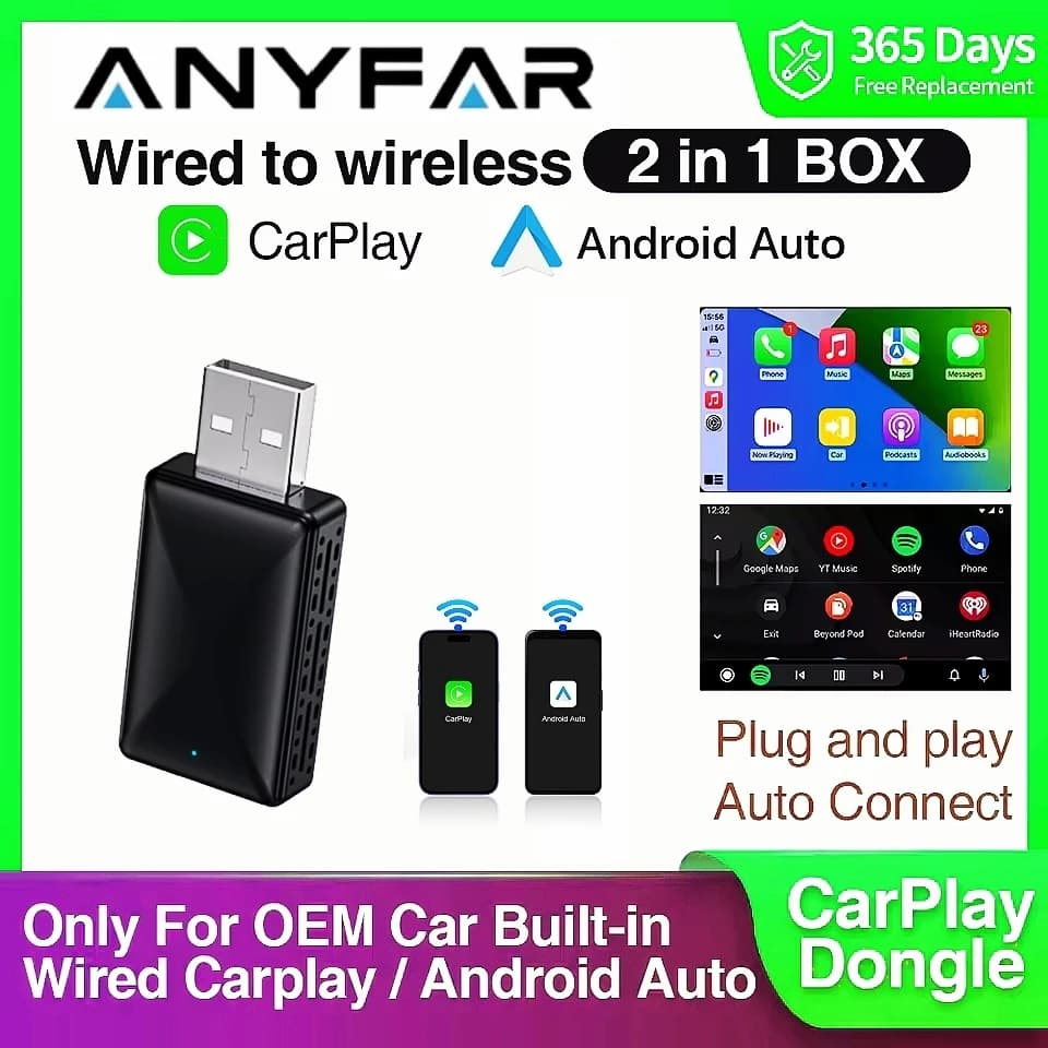 2026 Anyfar 2 in 1 Wireless CarPlay Adapter&Android Auto Wireless Adapter 5Ghz WiFi USB Plug Play CarPlay Wireless