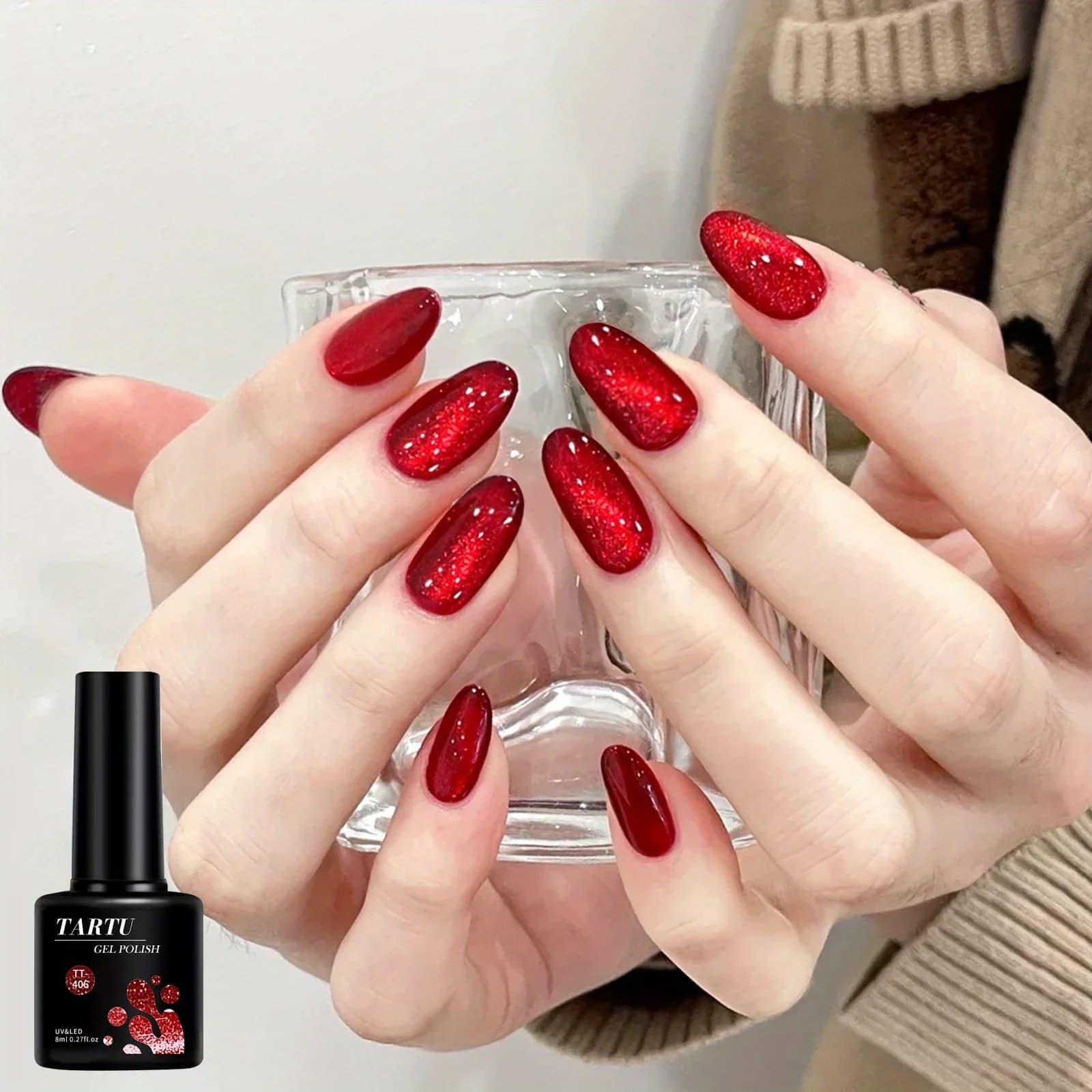 Smalto per unghie gel Cat Eye, rosso marrone nero 8 ml Soak Off LED/UV, nail art glitter olografico, per regalo di manicure per salone di casa per le donne