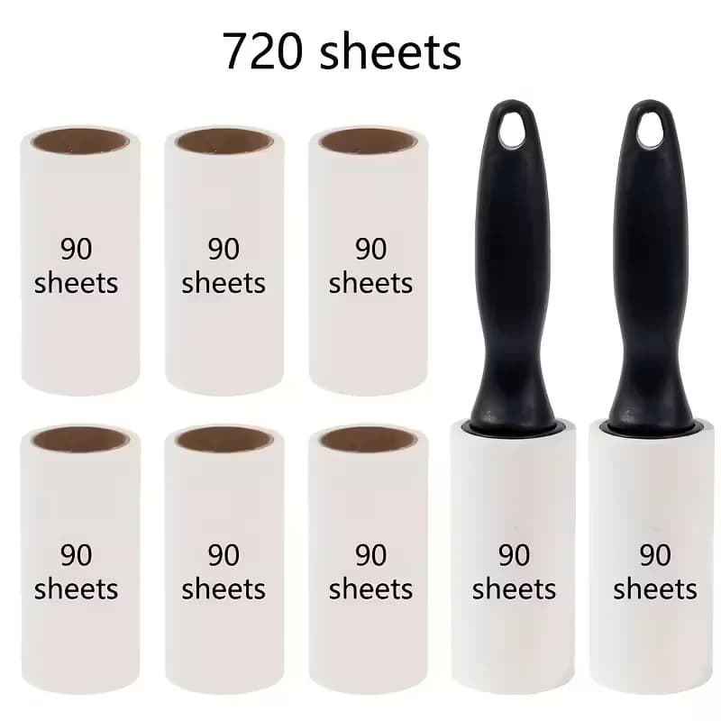 8 pcs sticky hair roller refill roll (720 sheets) with 2 handles - super sticky, fragrance-free type, suitable for pet hair and