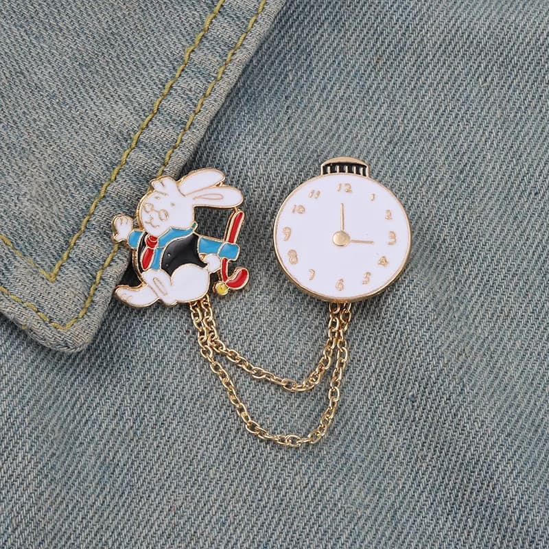 Cartoon Rabbit Pocket Watch Pin Buckle Golden Metal Badge Bag Dresses Brooch With Wrap For Women Gifts For Kids
