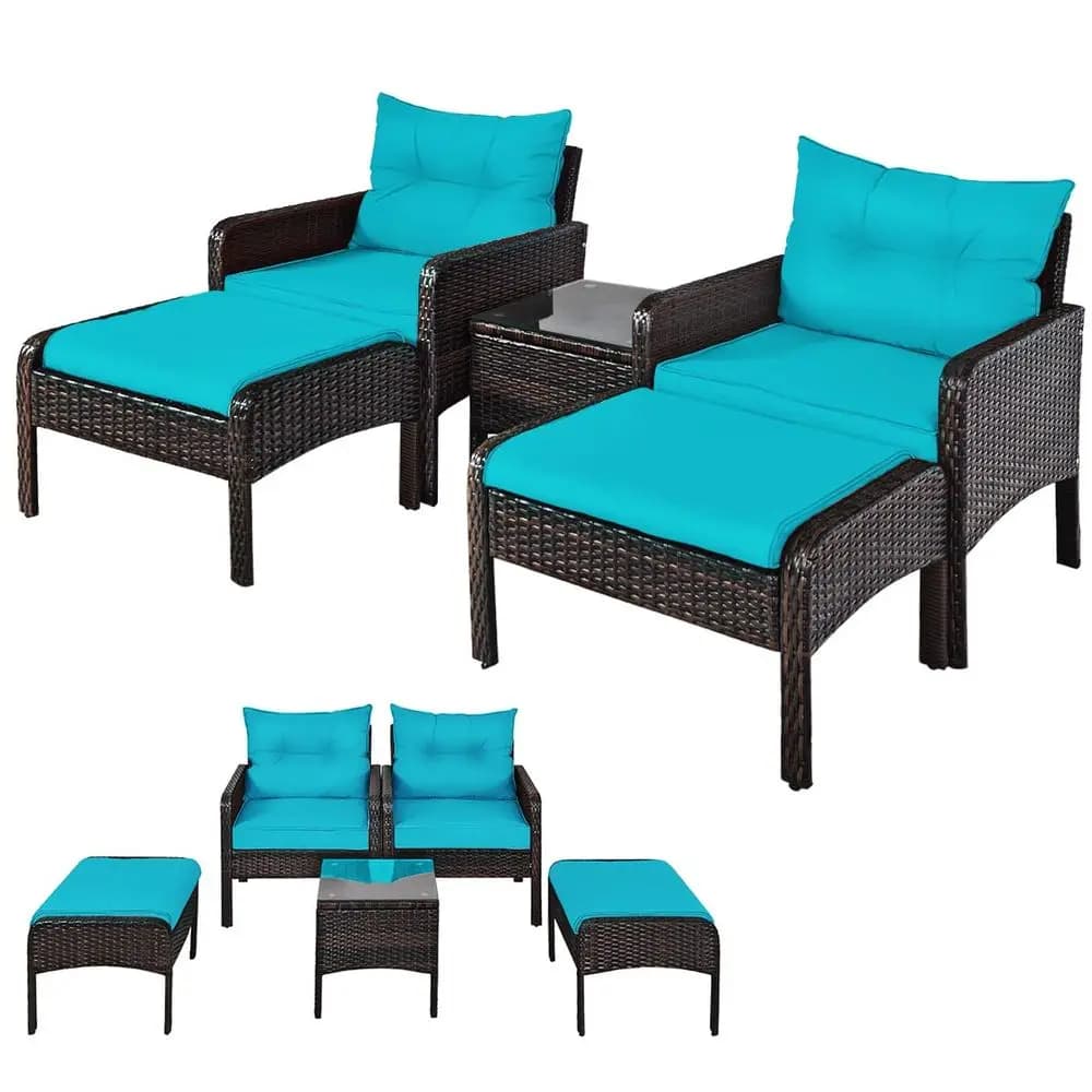 Set di mobili da giardino da 5 pezzi, set da conversazione in rattan per esterni con cuscini, tavolo in vetro, pouf e sedie, set di divani in vimini