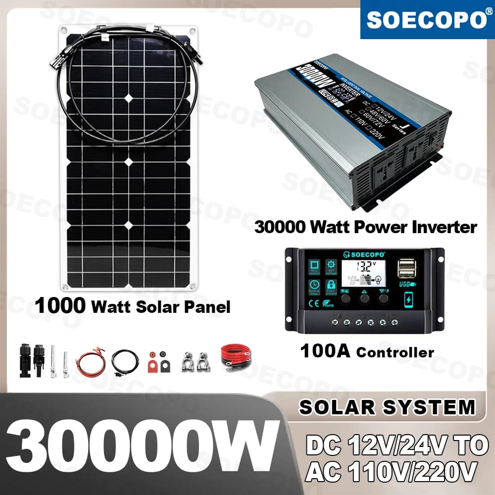 Kit Sistema Solare SOECOPO 30000 con Pannello da 1000W, Inverter 110V/220V, Regolatore 100A, Completo Off-Grid per Campeggio e Casa