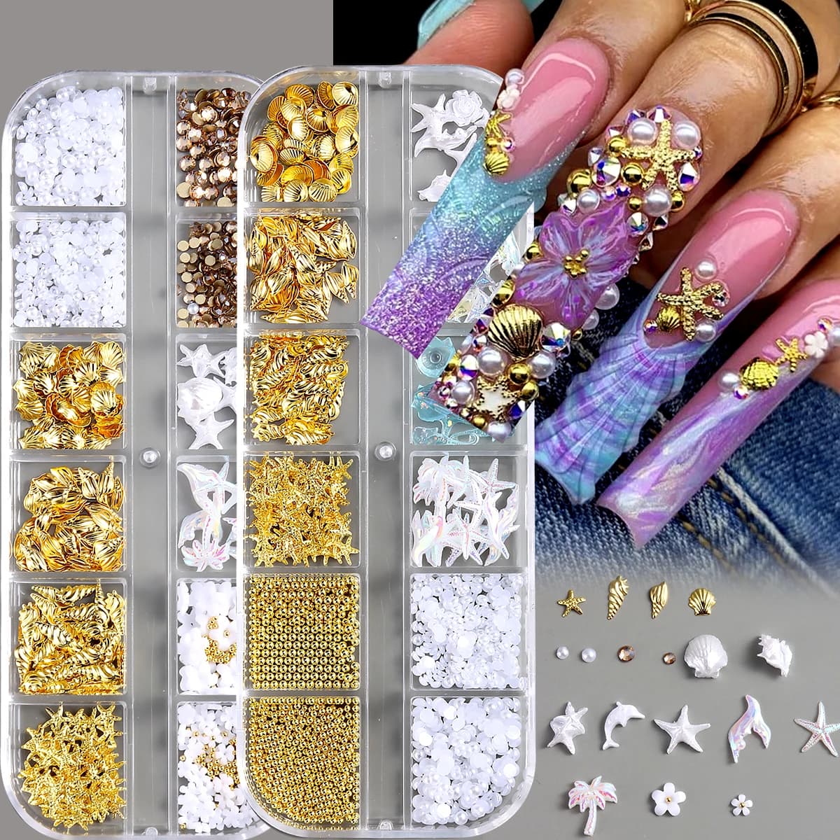 Metallic 3D Nail Decorations - White Pearl Flowers, Golden Steel Beads - Charm and diamonds in the shape of a marine star, shell and acrylic nail shell