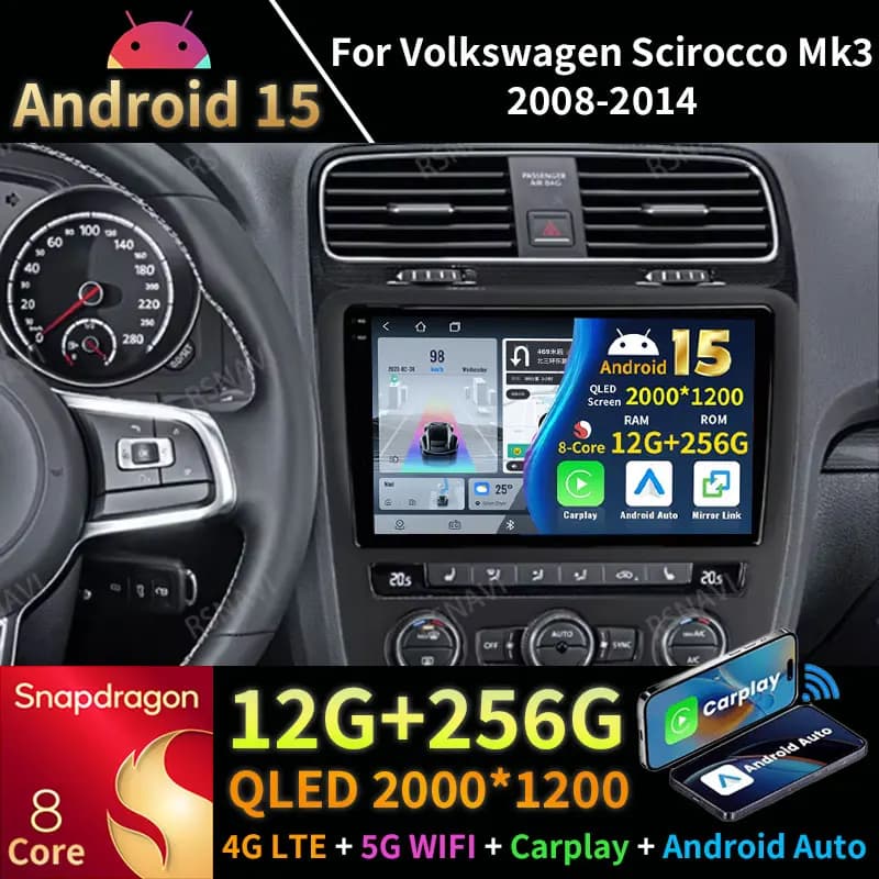 Android 15 Car Radio For Volkswagen Scirocco 3 III Mk3 2008-2014 AT GPS Multimedia Player Navi Head Unit Stereo Wireless Carplay