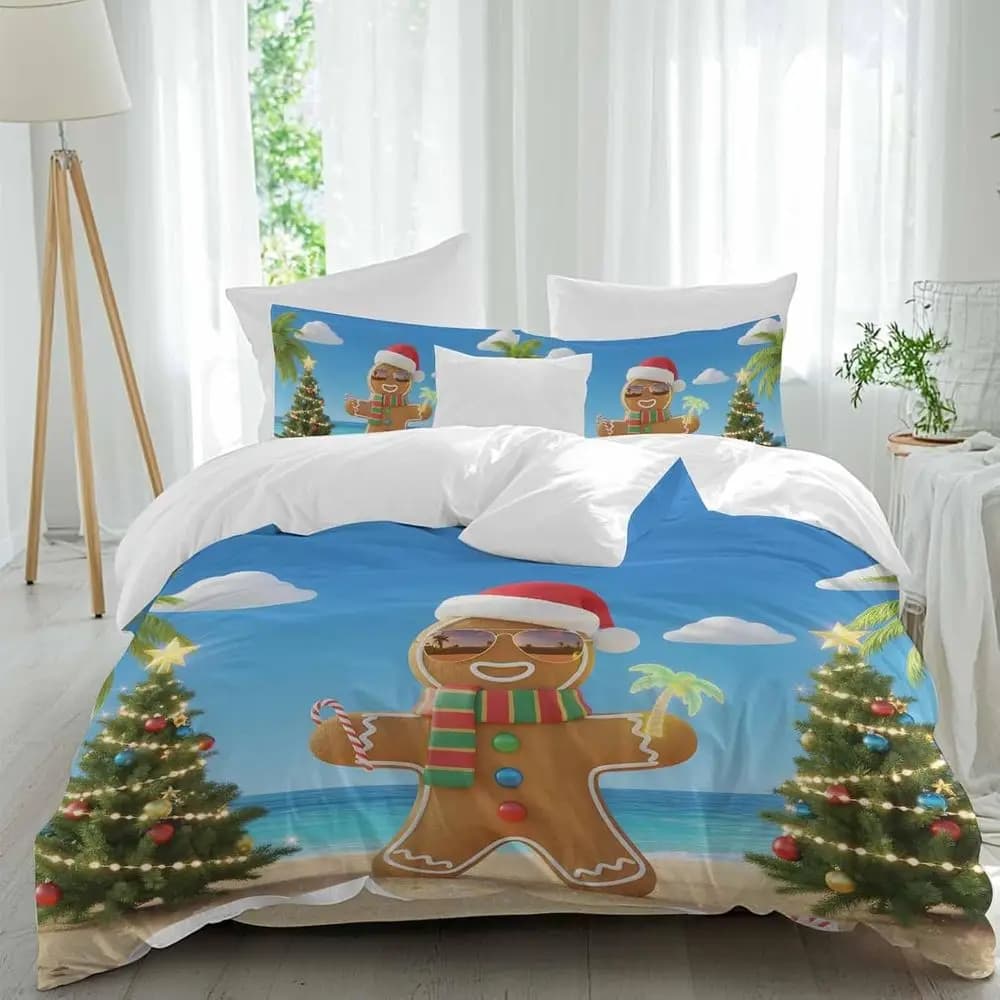 Set di lenzuola Gingerbread Man, Alberi di Natale e Gingerbread Man sulla spiaggia, 4 pezzi, set copripiumino traspirante, biancheria da letto accogliente