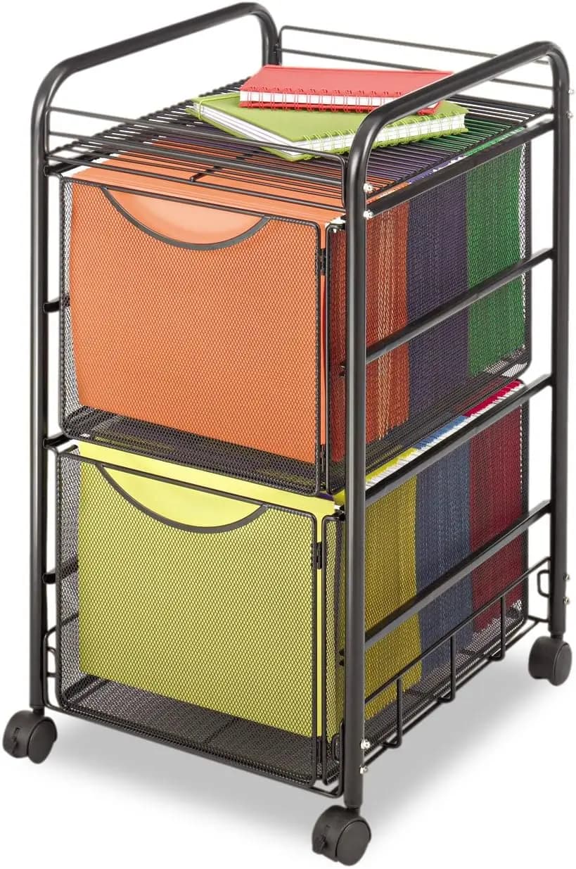 Carrello Portadocumenti Mobile con 2 Cassetti, Struttura in Rete d'Acciaio, Contiene Cartelle Formato Lettera, Nero