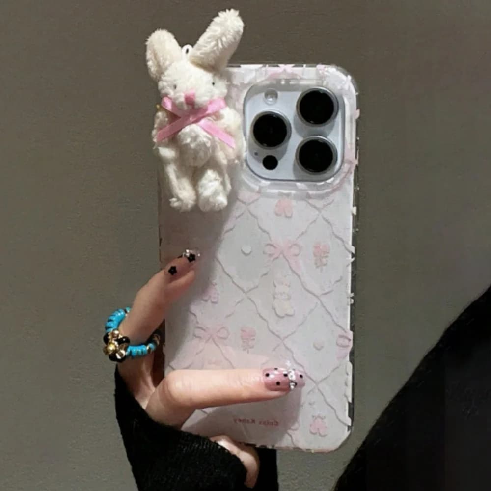 Custodia per Telefono 3D con Coniglietto e Fiocco - Motivo a Rombi Rosa con Animali e Fiori Graffiti per iPhone 16 15 14 13 12 11 Pro Max