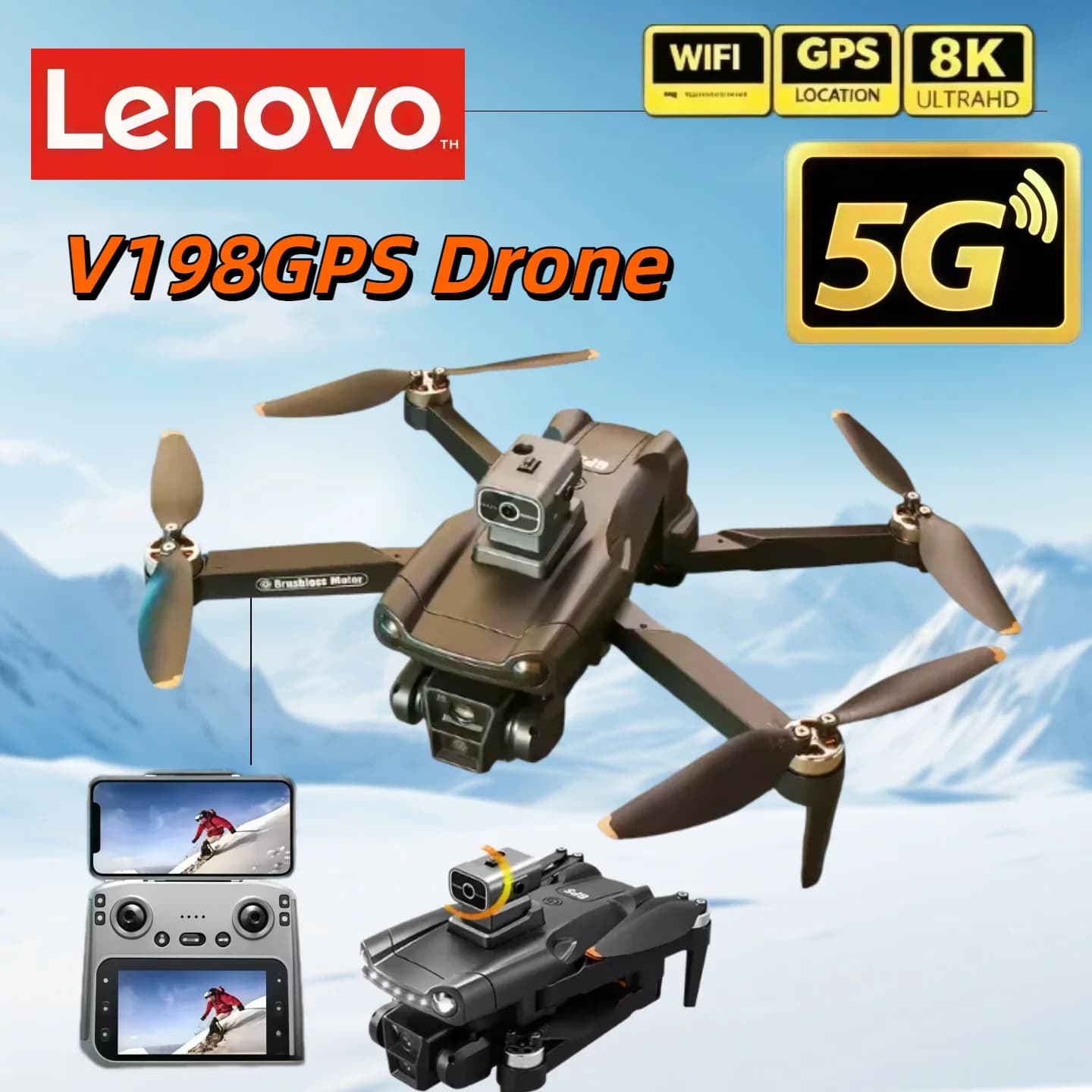 Drone Professionale Lenovo Mini 8K V198GPS FPV Brushless con Evitamento Ostacoli Laser, Quadricottero Pieghevole con Visione Ottica Aerea