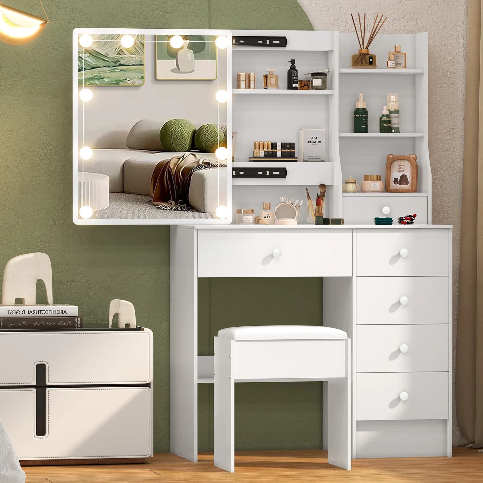 Modern White Bedroom Dressing Table Set with LED Lighted Mirror, Large Makeup Vanity Desk with Drawers & Comfortable Stool for Girlfriend/Wife Gift