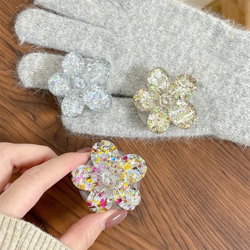 Luxury Crystal Flower Mobile Phone Stand Holder Socket Pocket Support For IPhone 17 16 15 Ring Griptok Expanding Stand Holder