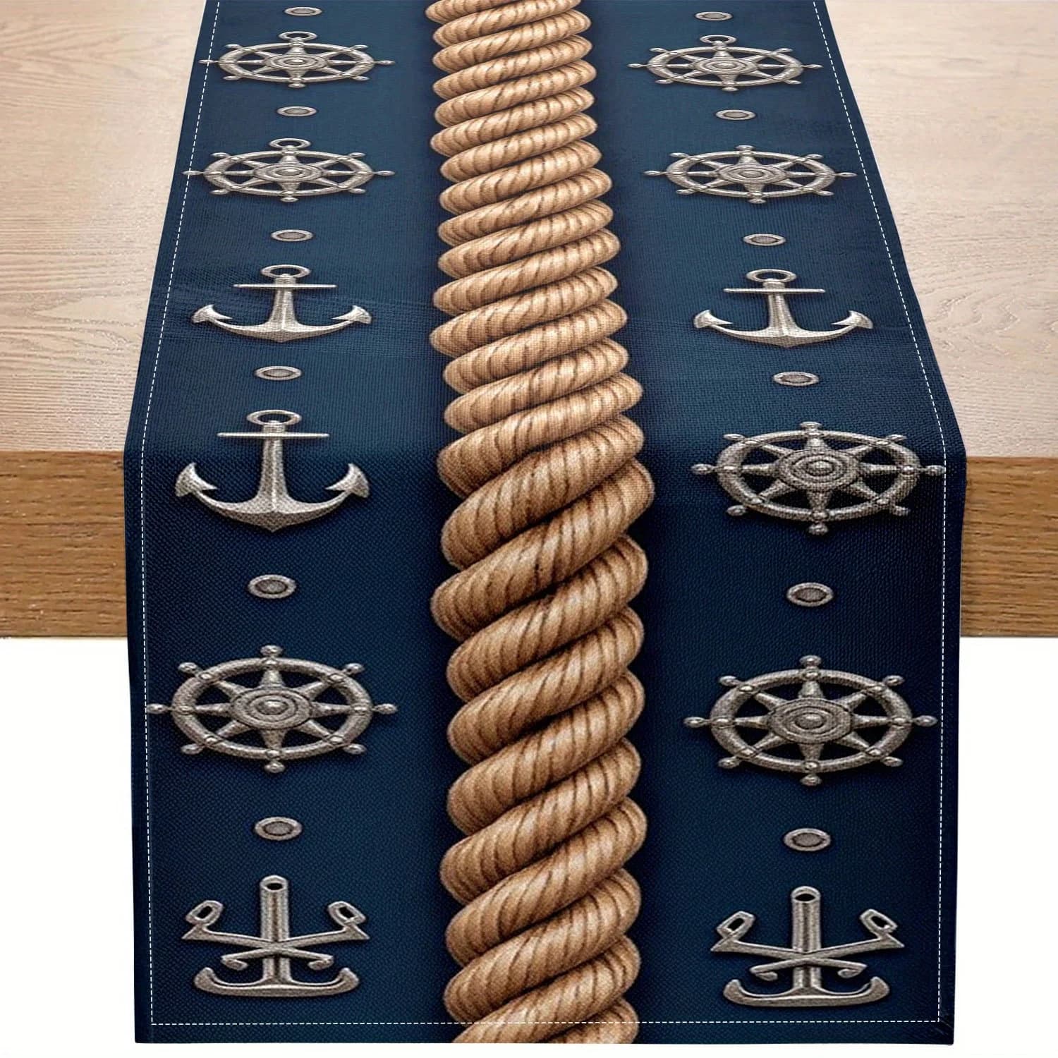 Runner da tavolo nautico | Corda blu intenso e dorata + ancora per ruota per nave | Perfetto per le vacanze al mare, feste a tema, eventi marini
