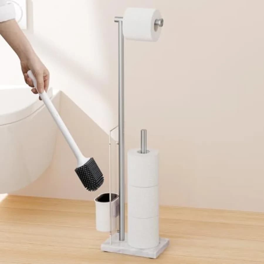 Portarotolo da terra con spazzolino per WC e base naturale, staccabile