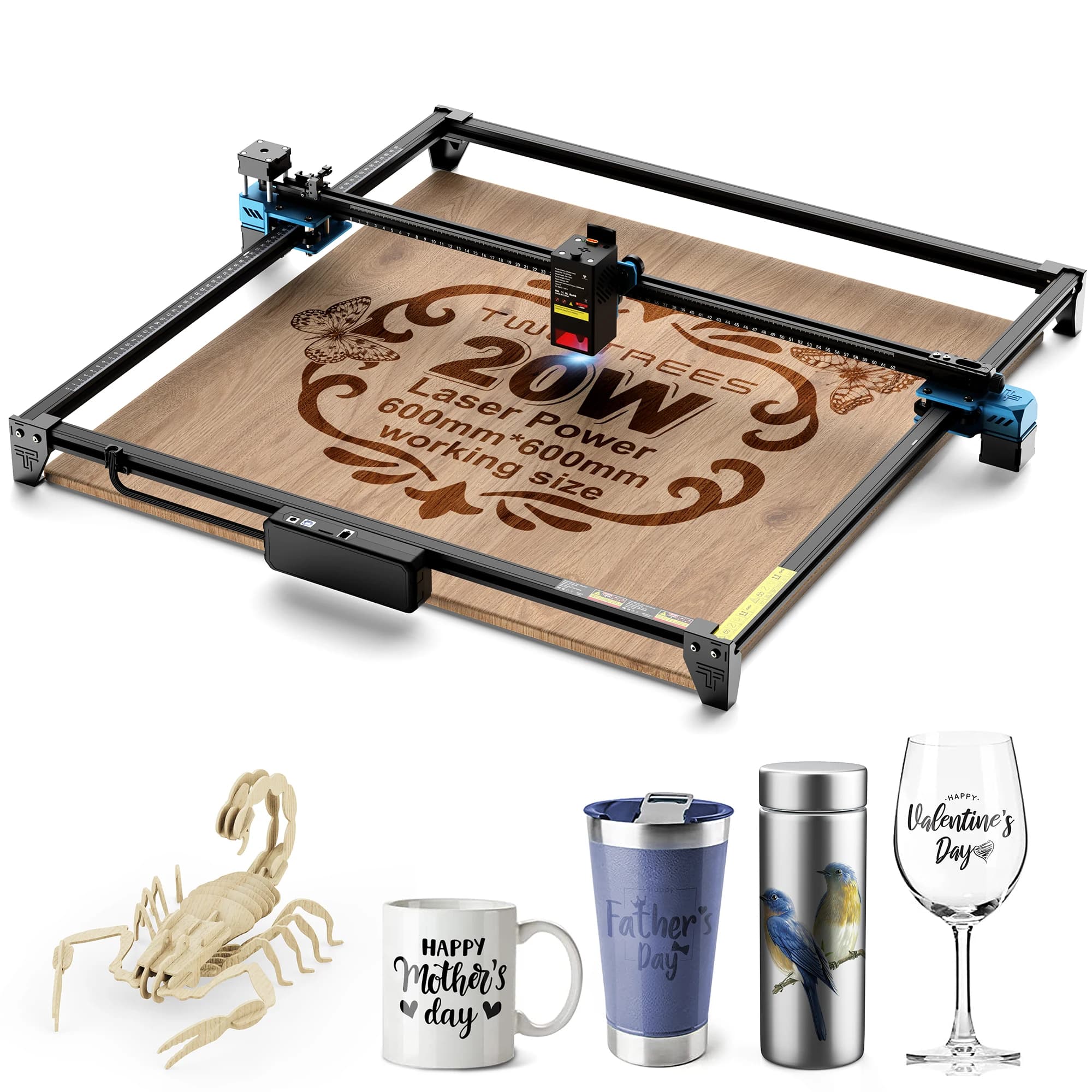 TWOTREES TTS-20 Max 20W Laser Engraver Cutter 600x600mm,WiFi/APP/USB Control,for Wood/Acrylic/Metal/Stainless Steel/MDF/Leather