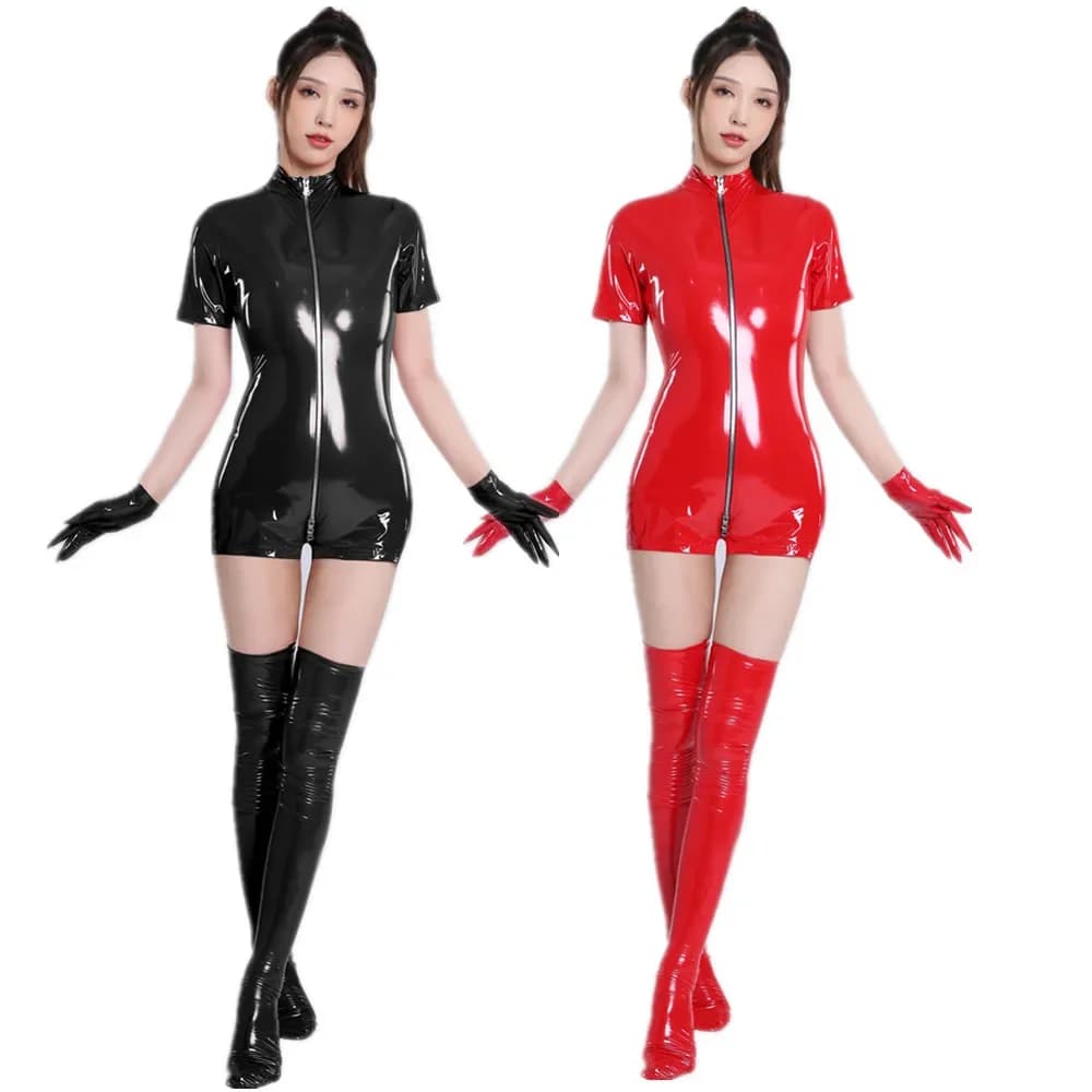 Catsuit sexy in ecopelle Wetlook con guanti e calza Body in lattice PVC con apertura sul cavallo Fetish Lingerie erotica calda da donna