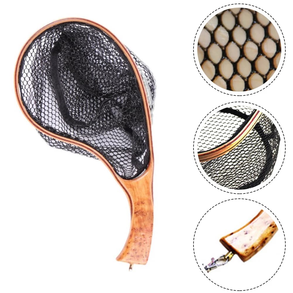 Wooden Frame Fly Fishing Net with Hexagonal Mesh Construction for Stream Fishing Landing and Fish Applications
