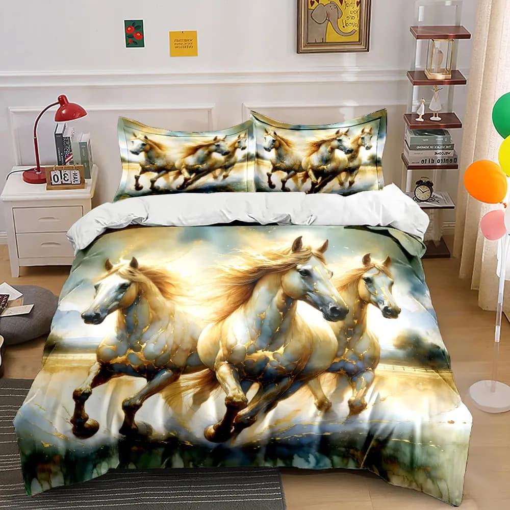Golden Dynamic Running Horses Artwork Print Soft Comfortable Duvet Cover Bedding Set Included 1*Duvet Cover 2*Pillowcases
