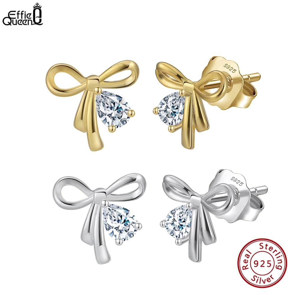 Effie Queen 100% argento sterling 925 14k oro bowknot orecchini con goccia d'acqua zirconi gioielli per banchetti per le donne SE409