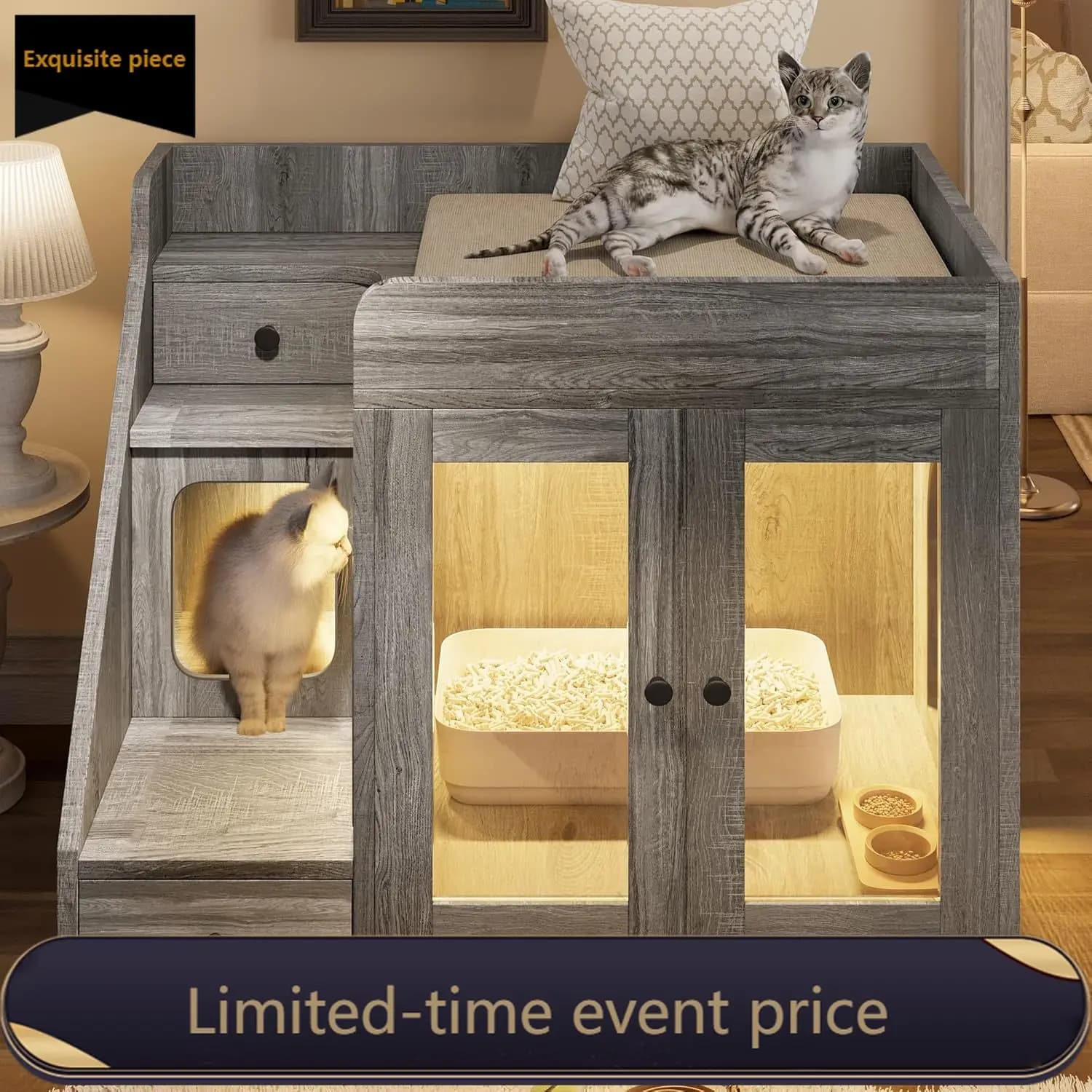Mobile contenitore per lettiera per gatti grigio con luce e due cassetti portaoggetti per soggiorno