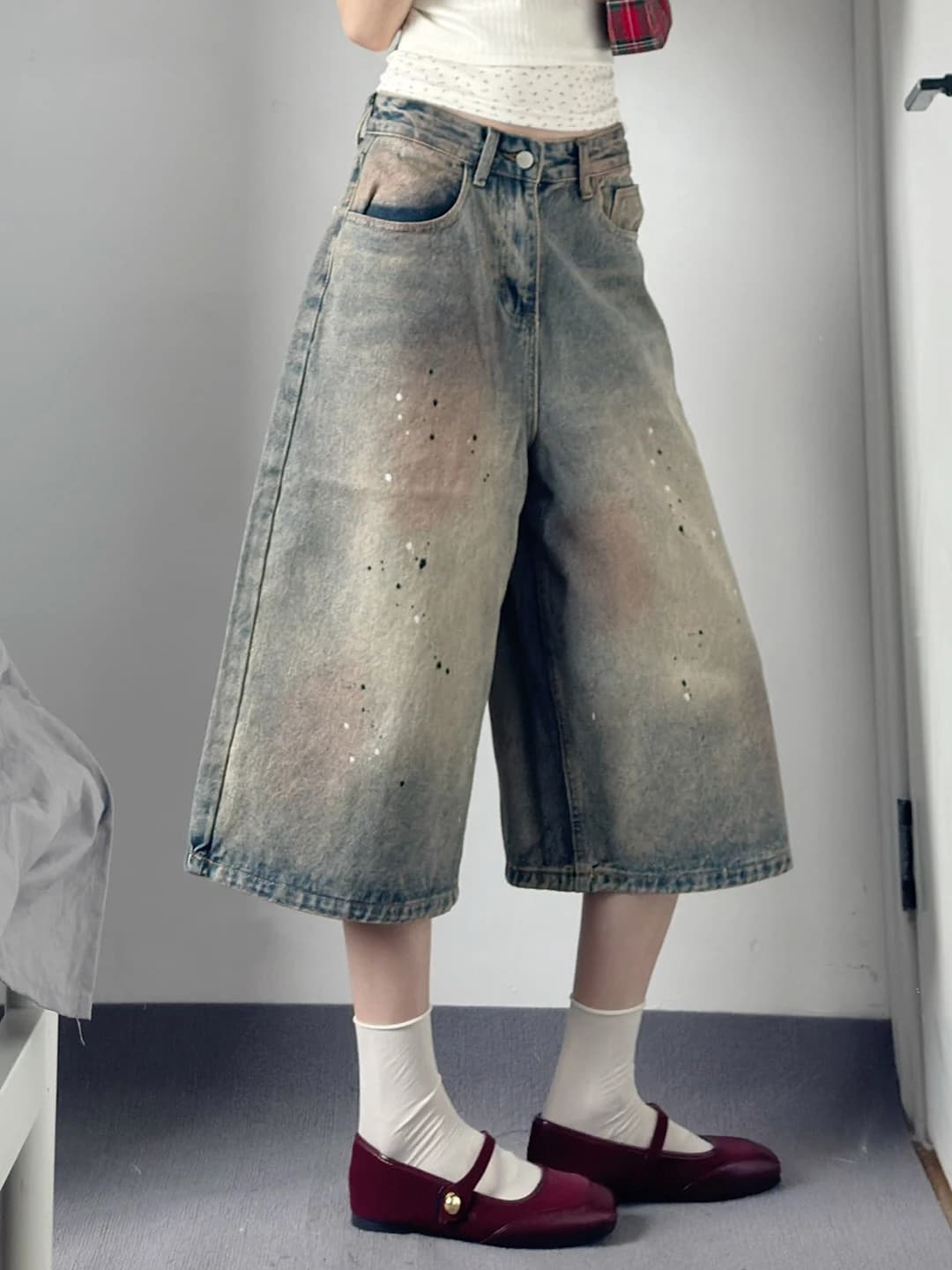 plus Size Vintage Washed Seven-Foot Jeans Women's Casual Loose Wide Leg High Waist Denim Pants Summer New Style Slimming Effect