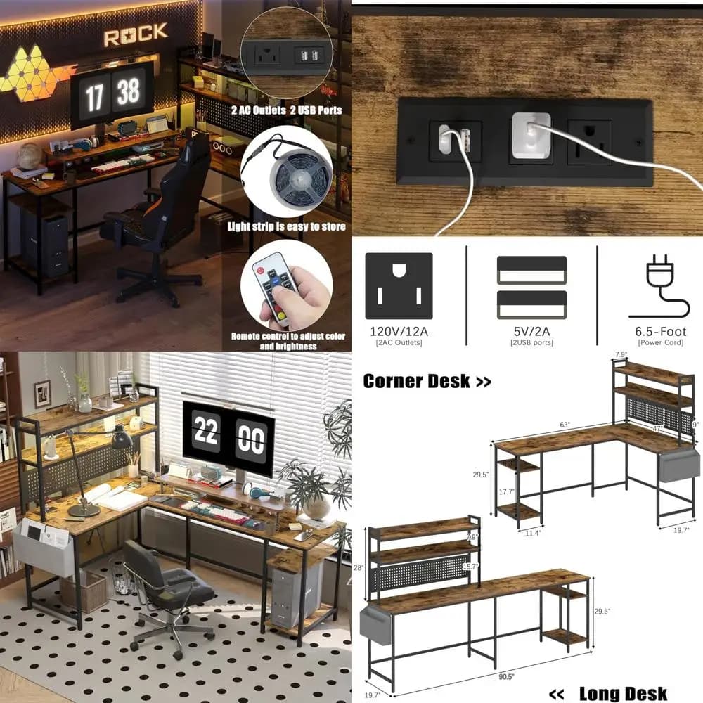 L Reversible desk with Current socket, LED light, Reversible shelves and Monitor holder in Rustic Brown