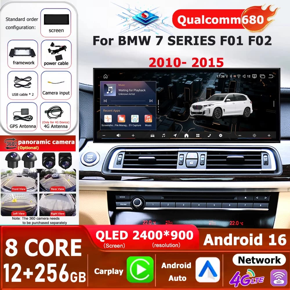 Android 16 Carplay per BMW Serie 7 F01 F02 2010 - 2015 Sistema CIC NBT Autoradio Audio Multimedia BT Player WIFI 12.3" GPS Navi