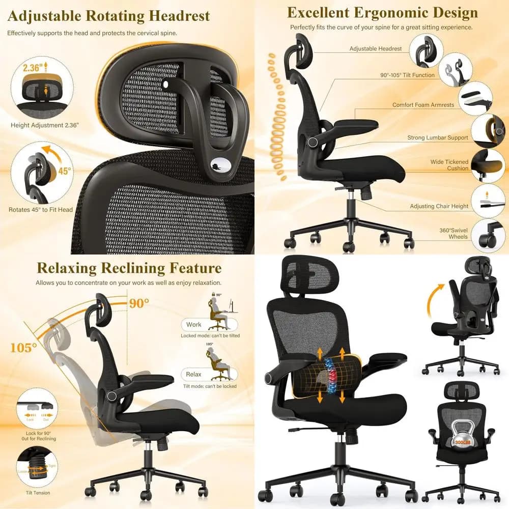 Sedia da Ufficio Ergonomica in Rete con Schienale Alto, Supporto Lombare Regolabile, Seduta Imbottita, Ruote Girevoli e Braccioli
