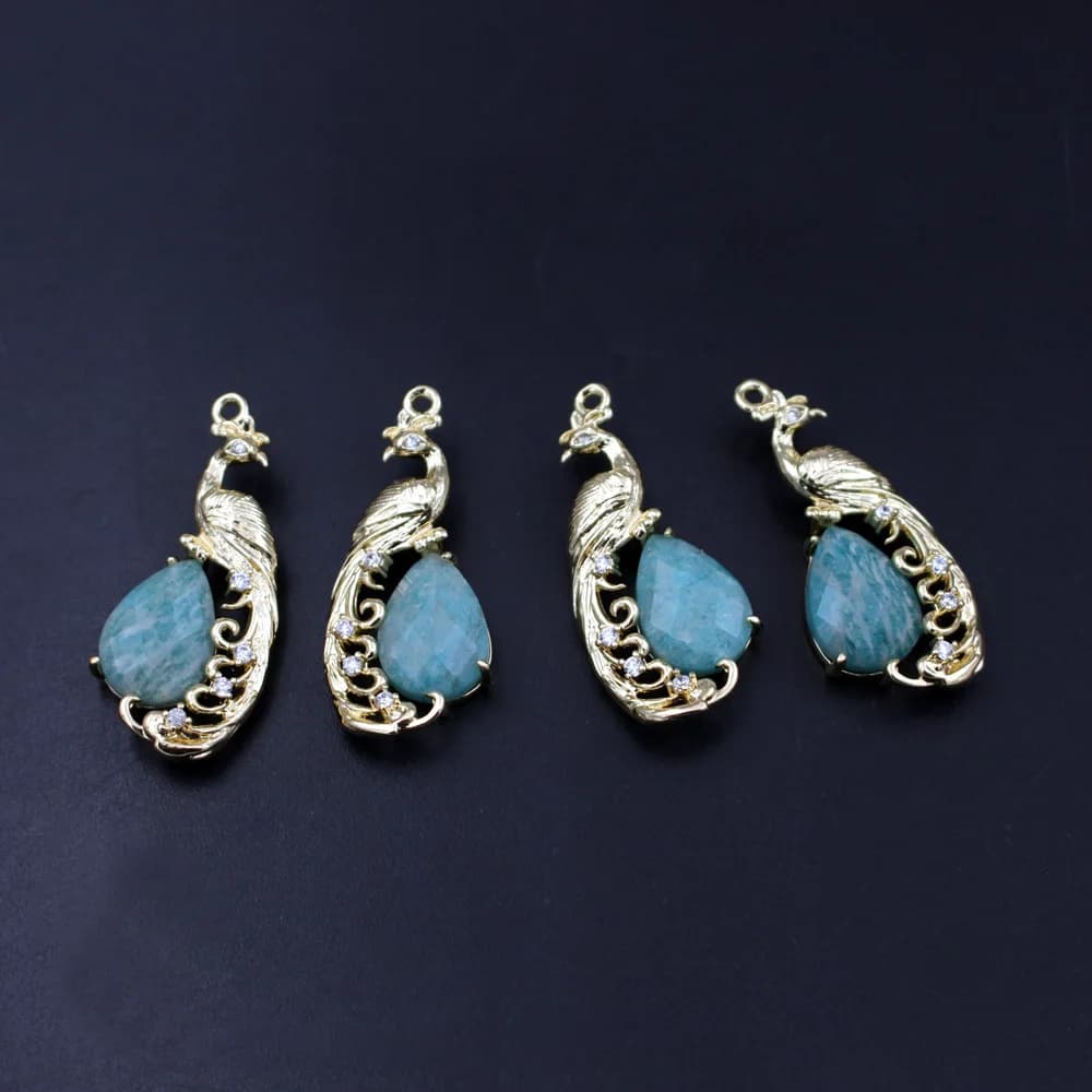 4pcs DIY Jewelry Accessories CZ Faceted Drops Natural Amazonite Lapis Yellow Jade Stone Peacock Shape Pendant for Earrings