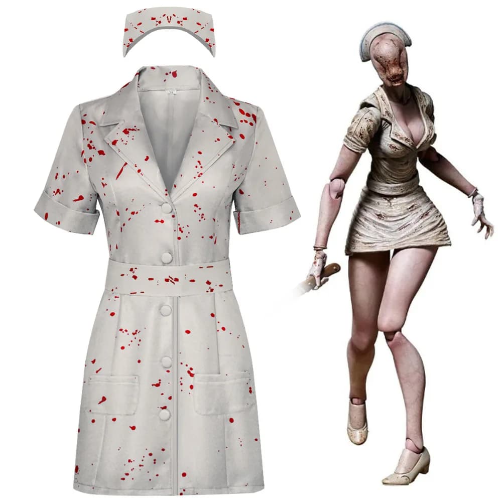 Costumi da Donna per Cosplay, Festa di Halloween Horror, Vestito da Infermiera Zombie Insanguinata, Set 3 Pezzi con Cappello e Cintura, Outfit per Gioco di Ruolo da Infermiera