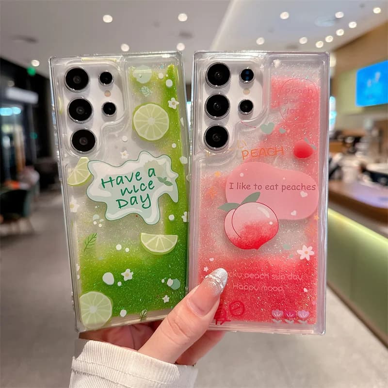 Floating Quicksand Lemon Peach Case for Samsung S23 S24 S25 Ultra Phone Cover Glitter Pink Green Moving Sand Liquid Funda Coque