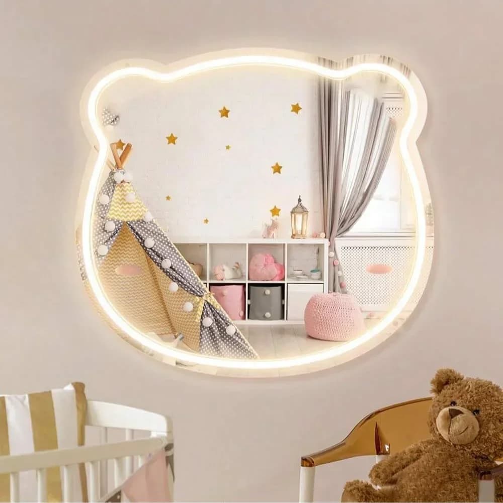 Specchio a Forma di Orso con Luce al Neon LED Dimmerabile per Cameretta Bambini, Asilo, Sala Giochi, Bagno, Vanità, Decorazione Stanza dei Bambini