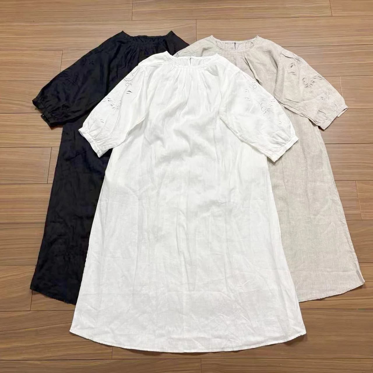 Pure Linen Embroidered Hollow out Short Sleeve Dress Women's Summer New round Neck Large Size Midi Dress Robe Sweet Japanese ...