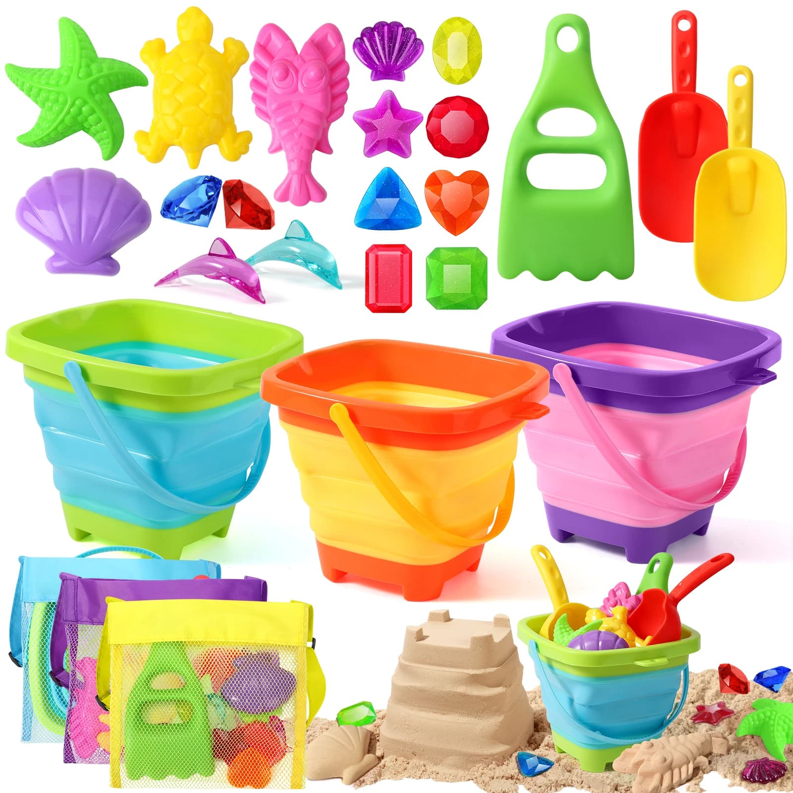 Set di 35 Giocattoli da Spiaggia, Giochi Estivi all'Aperto, Secchiello in Plastica, Bottiglia per l'Acqua, Palette, Giocattoli per Bambini, Attrezzi per Giochi d'Acqua in Spiaggia, Regali