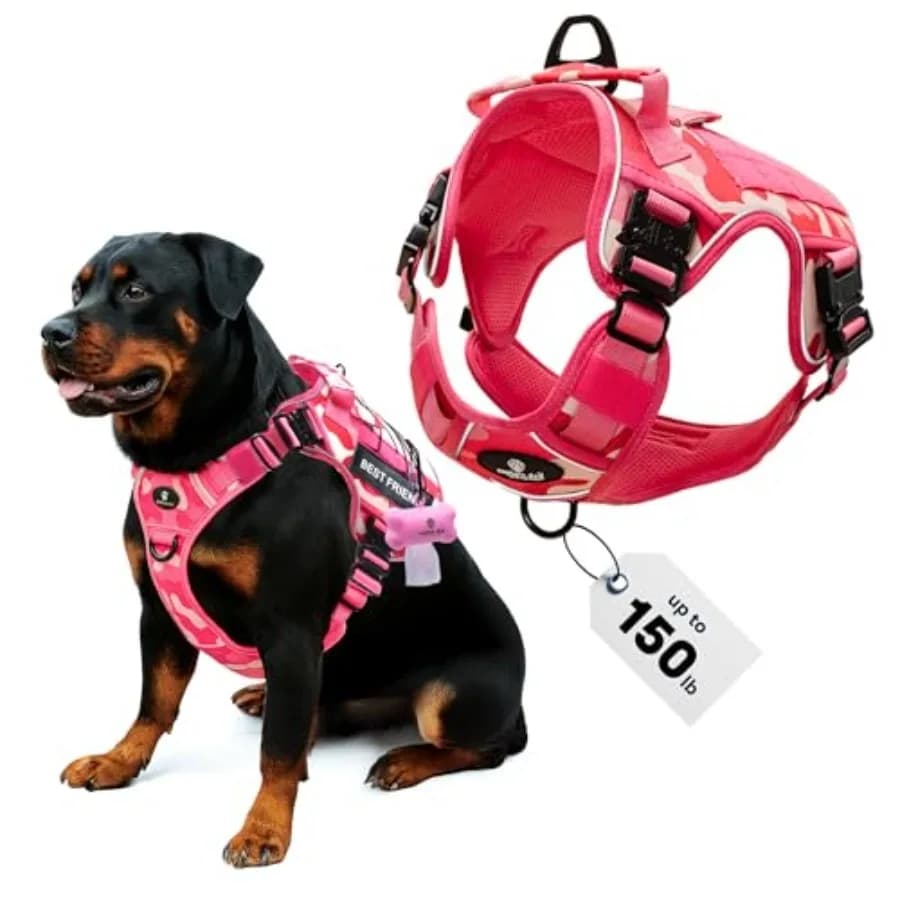 Pettorina per cani XXL riflettente Xdog No-Pull con 4 fibbie in metallo e doppia cucitura fino a 68 kg - Rosa Camo XXL con 2 pettorine rimovibili