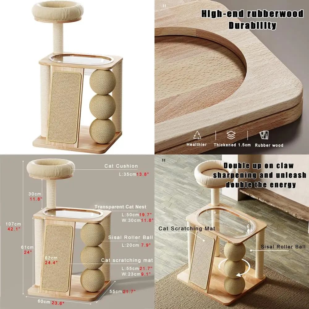 2-level cat tree in solid wood with acrylic nest, sisal rope poles, swivel ball and cat jump platform