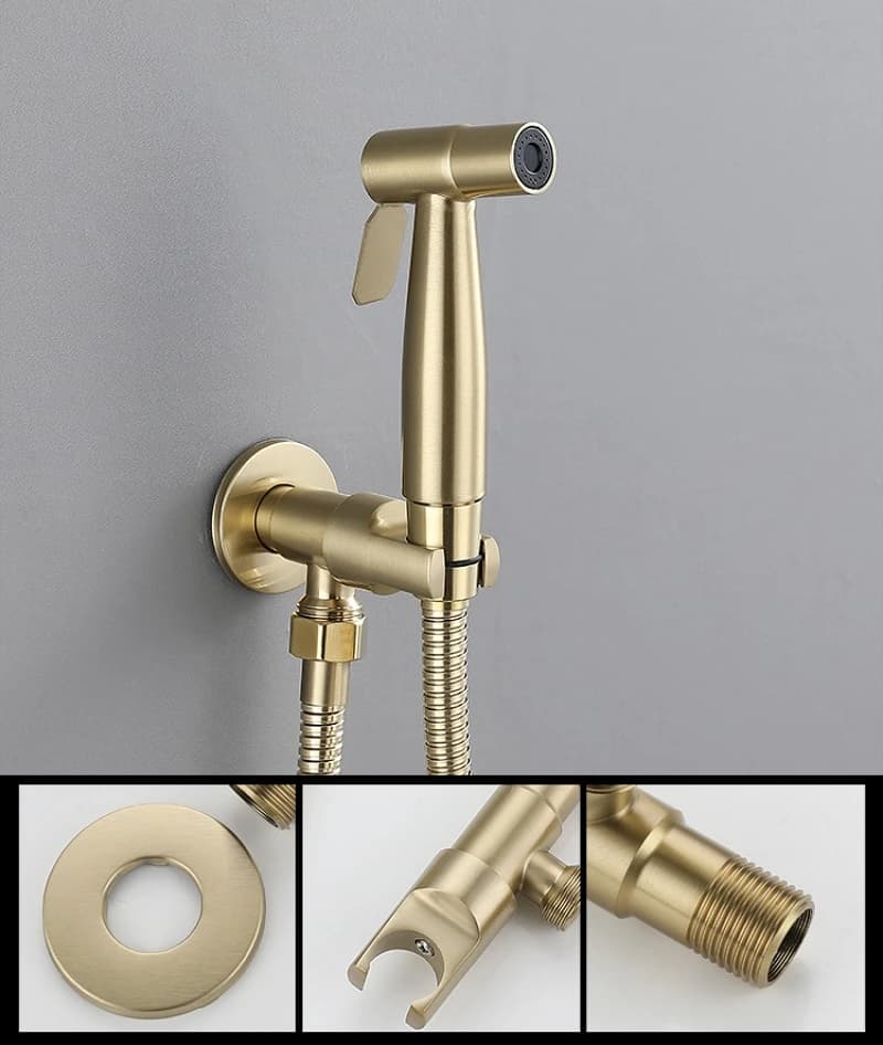Kit Doccetta Bidet Manuale Oro Spazzolato in Acciaio Inossidabile, Set Valvola Shattaf per Bagno, Doccetta Igenica