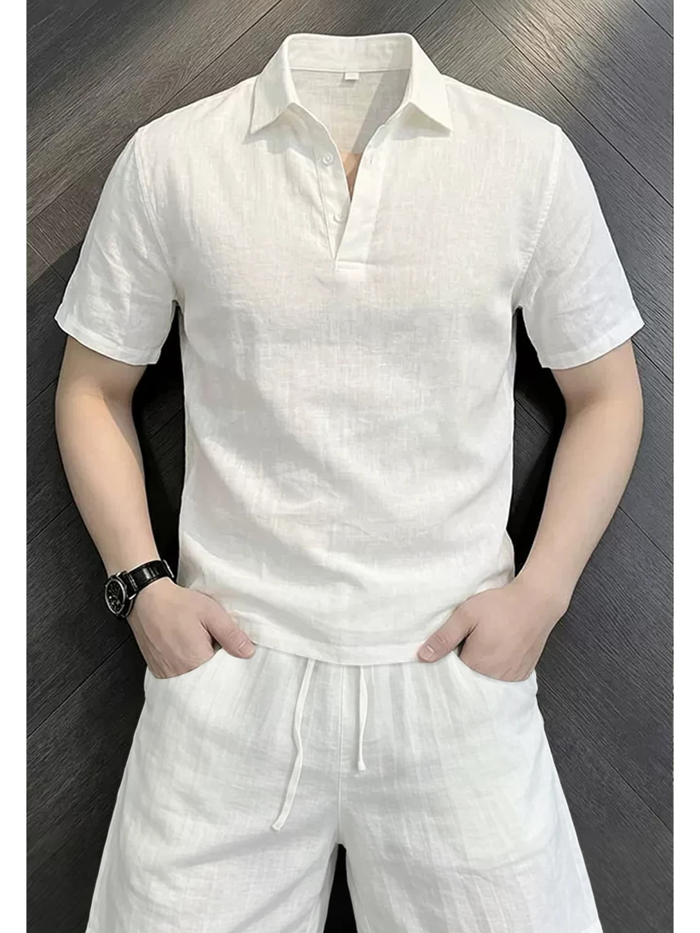 White Linen Short Sleeve Shirt Set Men Summer Thin Breathable Quick Dry Collared T-Shirt Preppy Style Fashion Set