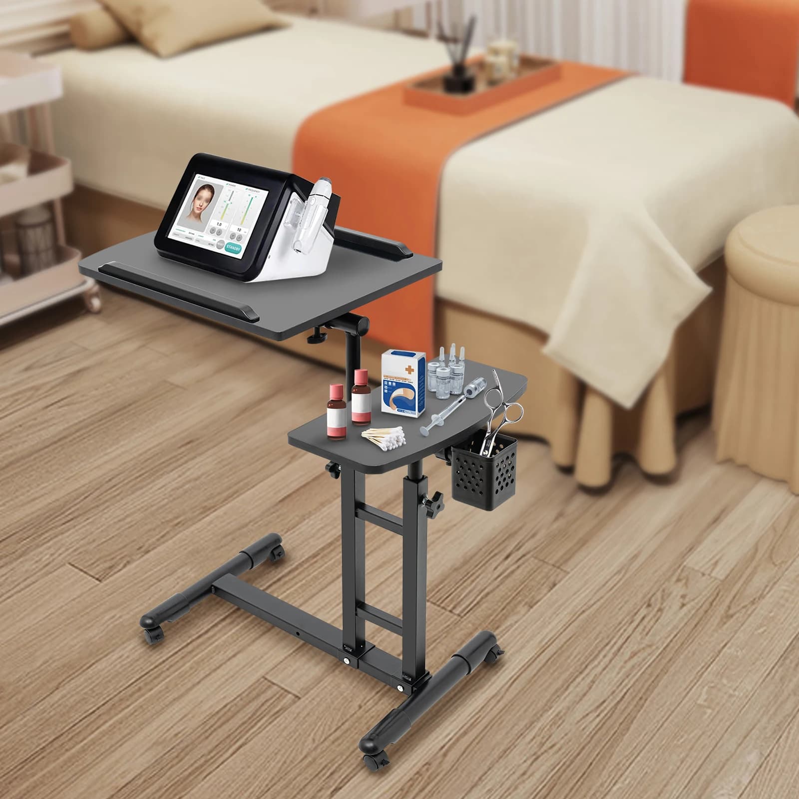 Tattoo Tray Salon Trolley Adjustable Height Salon Tray Station Multiple Workstations Mobile Folding Storage Salon Trolley Black