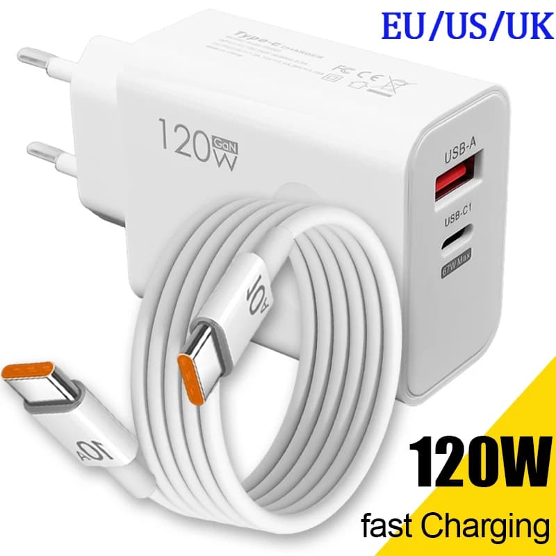 Caricatore super veloce USB tipo C PD da 120 W Cavo 10A Gan Adattatore di alimentazione rapido per ricarica rapida per IPhone Xiaomi Samsung Huawei OnePlus