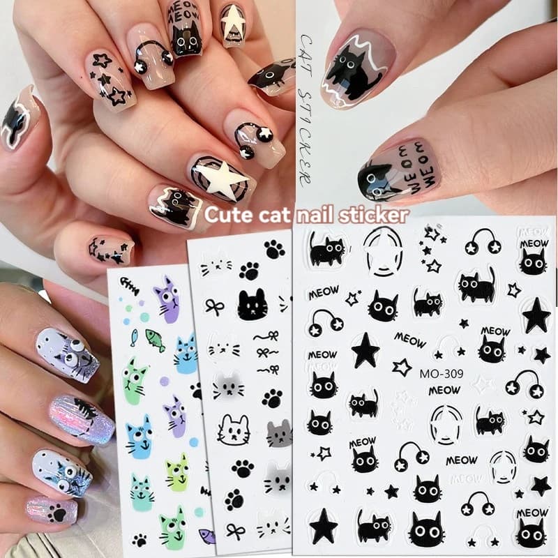 3D Cartoon Cute Cat Nail Stickers Graffiti cursori argento cromato cuffie Nail Art decorazione Manicure fai da te